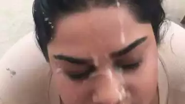 Big boob babe takes thick Indian cum in mouth